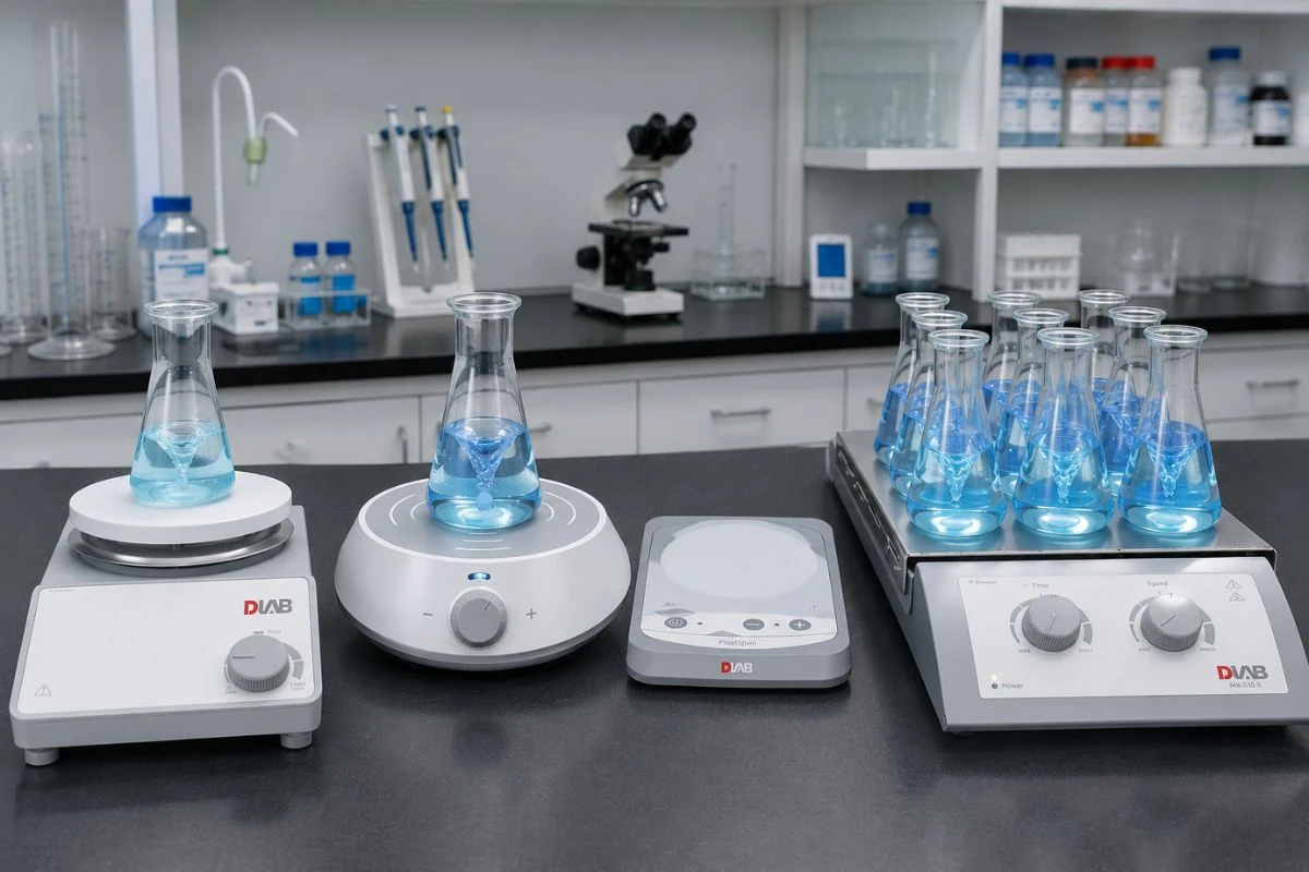 Agitadores magnéticos de laboratorio de diferentes tipos y modelos utilizados para mezclar soluciones de forma homogénea en un laboratorio clínico y de investigación.