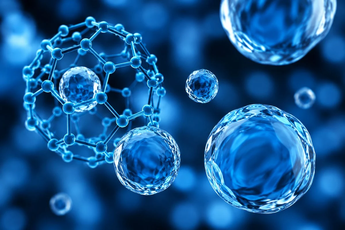 Ilustración molecular que representa el proceso de obtención de agua desionizada para aplicaciones de laboratorio de alta pureza.