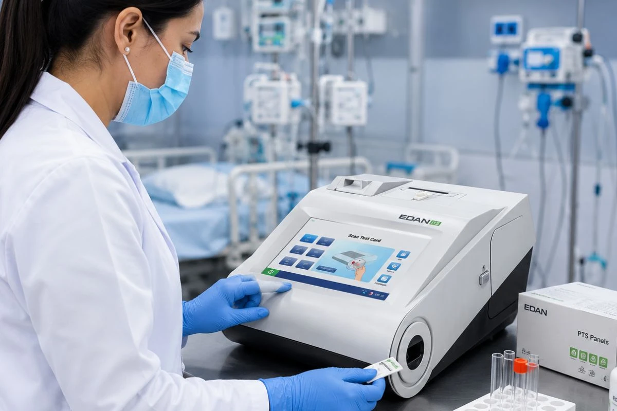 Analizador de Gases Arteriales y Electrolitos i15 de EDAN utilizado en entorno hospitalario