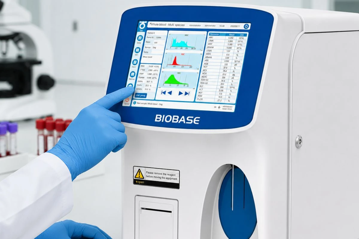 Analizador hematológico automatizado BIOBASE BH-HA310 siendo operado por un profesional de laboratorio durante el procesamiento de muestras sanguíneas para hemogramas automatizados.