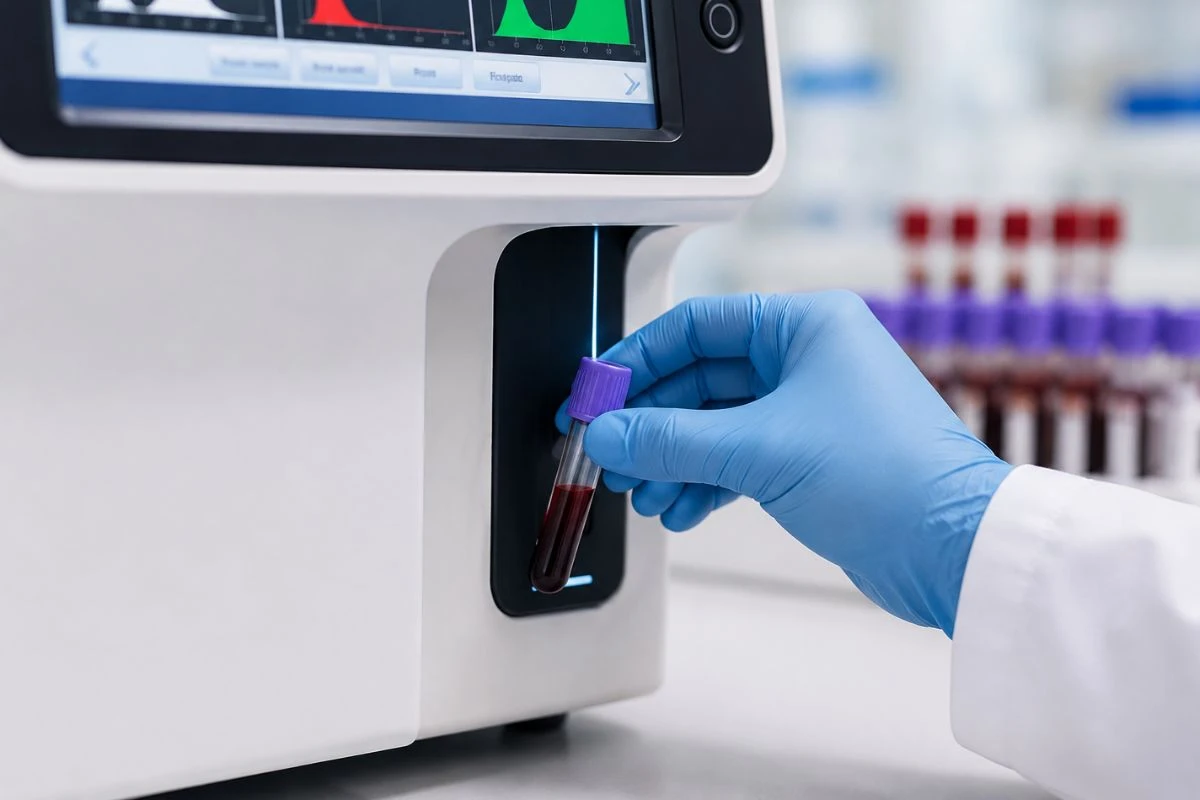 Profesional de laboratorio colocando una muestra de sangre en un analizador hematológico automatizado para realizar un hemograma completo.