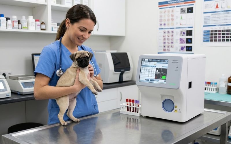 analizador hematológico veterinario en clínica con muestra de sangre