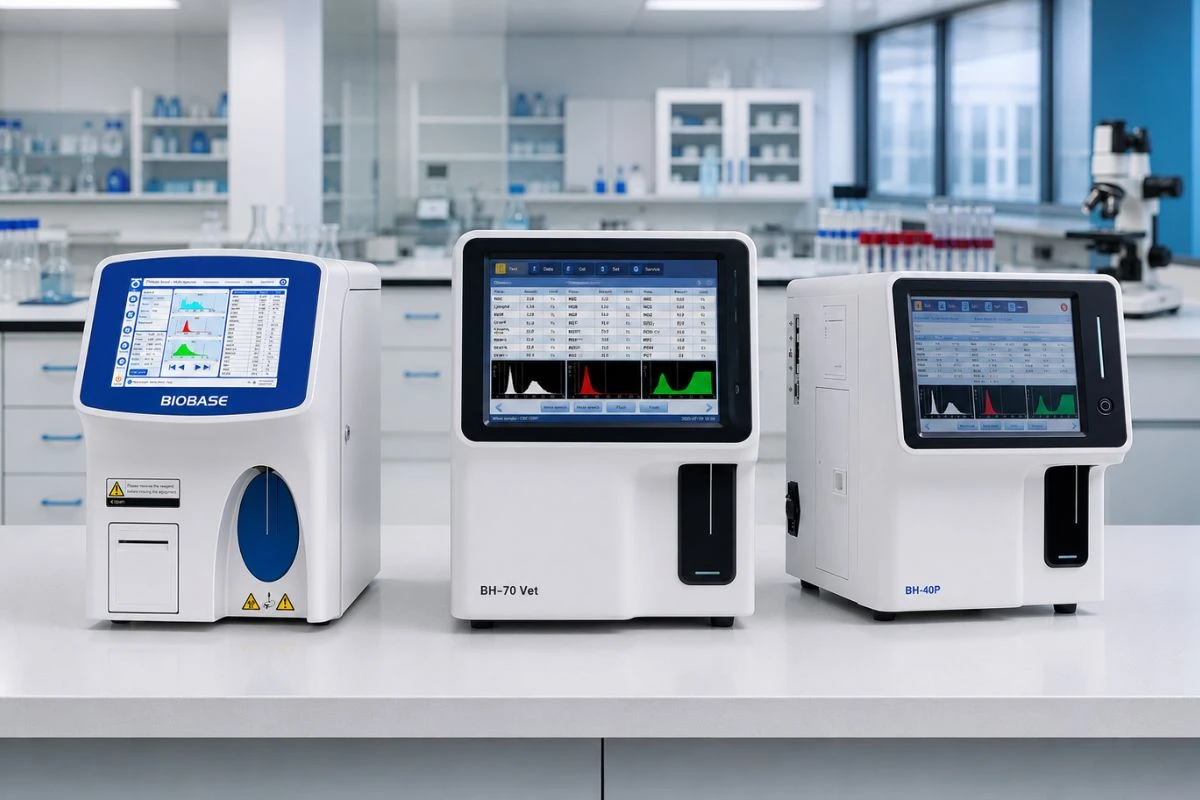 Analizadores hematológicos automatizados 3 Diff para laboratorios clínicos sobre una mesa de trabajo en un entorno de diagnóstico.
