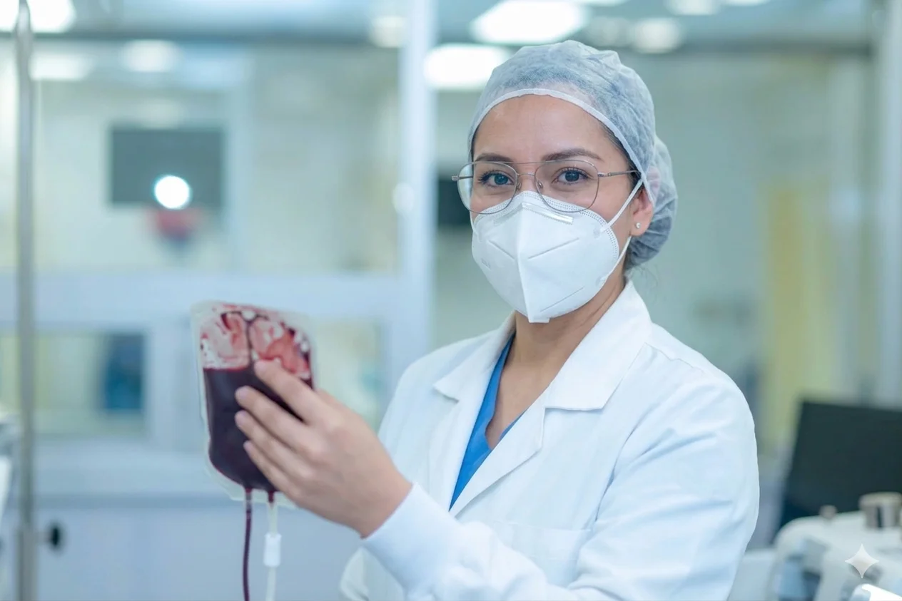 profesional de laboratorio manipulando muestras de sangre en banco de sangre