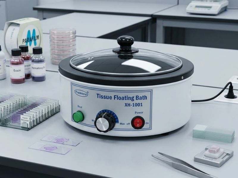 Baño de flotación con control de temperatura en laboratorio, utilizado para mantener condiciones térmicas estables en muestras