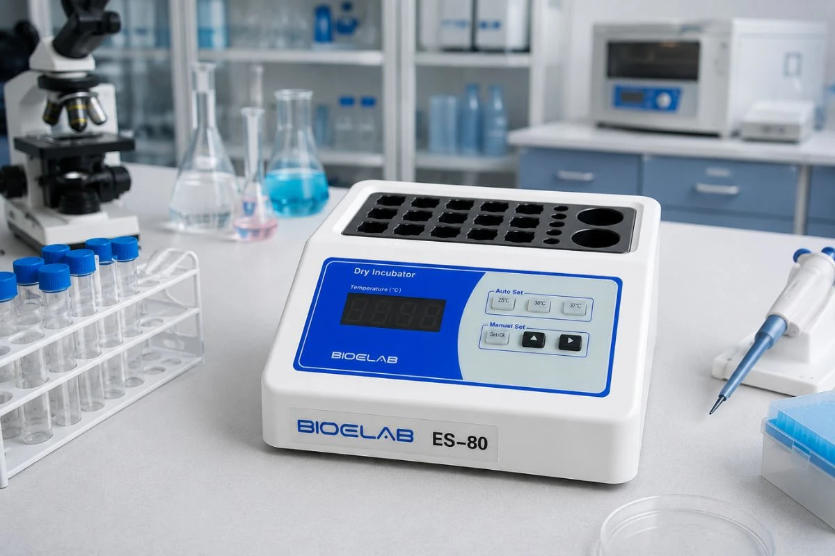 Baño seco para laboratorio utilizado para el calentamiento preciso de muestras en un ambiente de laboratorio.