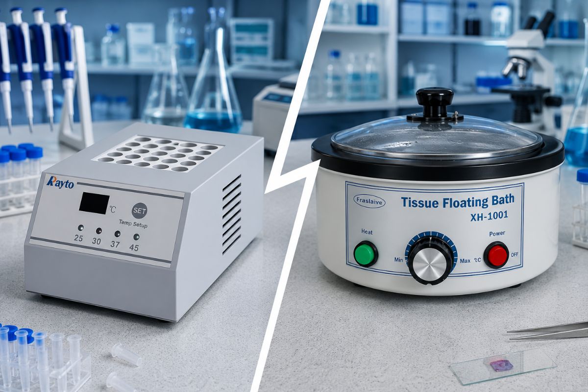 Comparativa entre baño seco y baño de flotación para laboratorio mostrando ambos equipos en un ambiente de laboratorio
