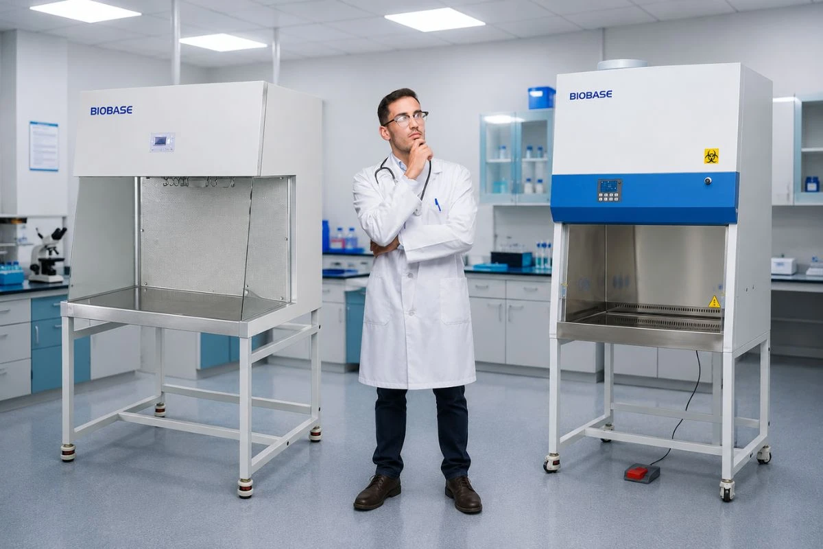 Profesional comparando una cabina de bioseguridad y una cabina de flujo laminar para mantener la bioseguridad en laboratorio.