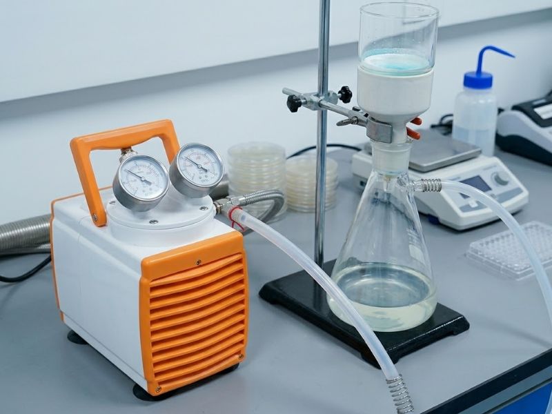 Bomba de succión conectada a un kitasato para filtración al vacío en laboratorio