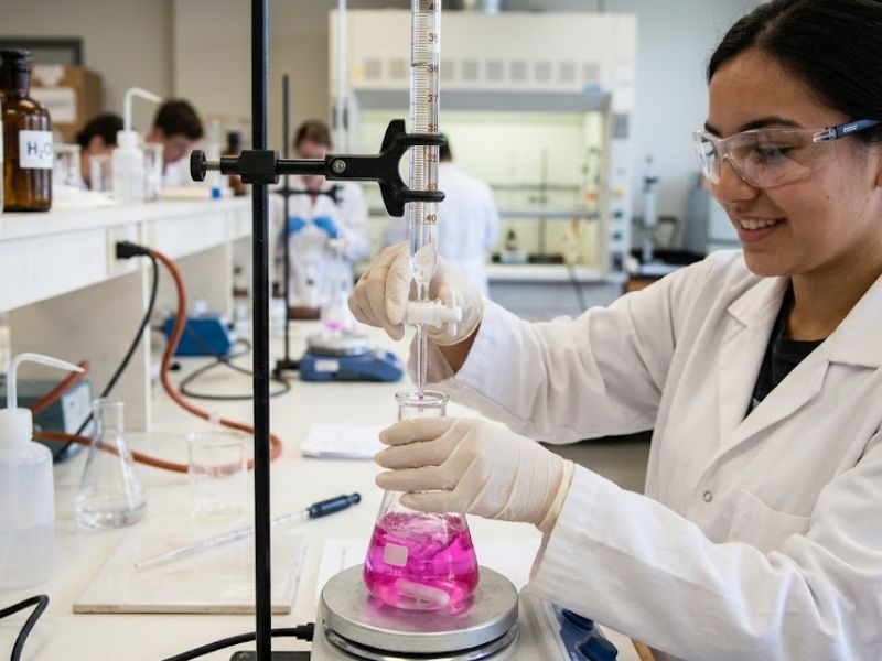 bureta de laboratorio realizando titulacion con cambio de color
