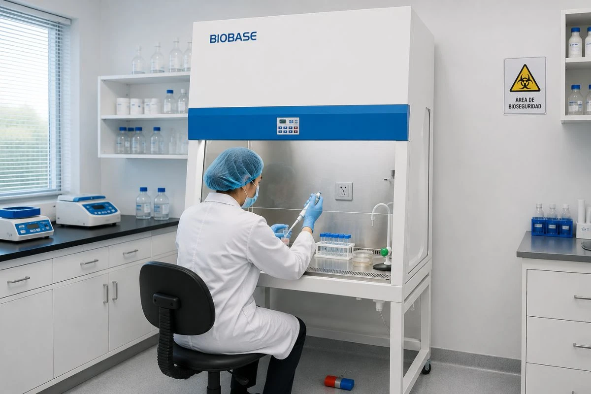 Profesional utilizando una cabina de bioseguridad en un laboratorio clínico para manipular muestras biológicas en un ambiente seguro y controlado.