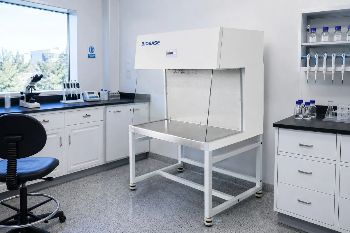 Cabinas de flujo laminar instaladas en un laboratorio clínico para la manipulación estéril de muestras y materiales sensibles.