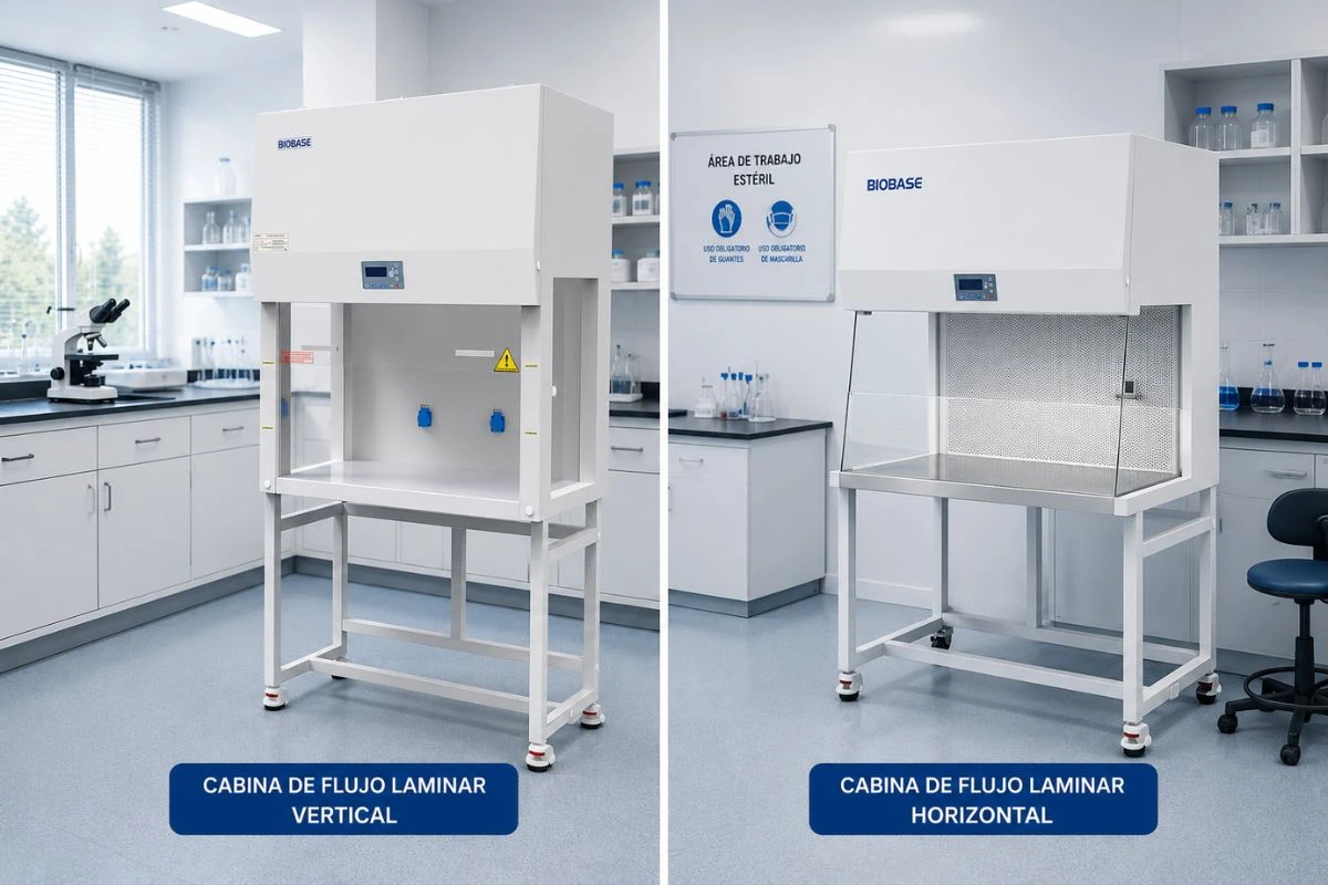Cabinas de flujo laminar horizontal y vertical instaladas en un laboratorio clínico para la manipulación estéril de muestras y materiales sensibles.