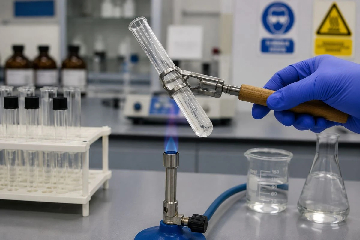 Profesional calentando un tubo de ensayo de forma segura con un mechero Bunsen en un laboratorio clínico.