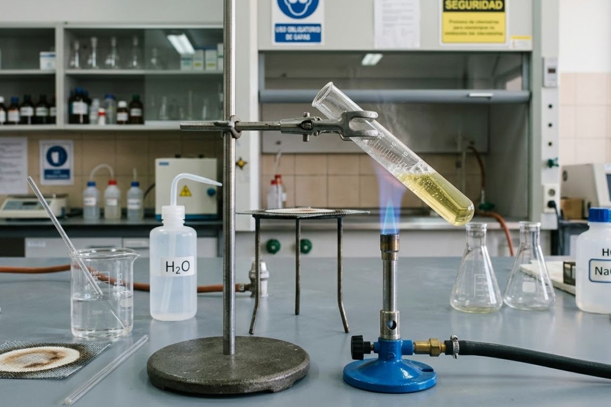 calentar tubos de ensayo de forma controlada en laboratorio con técnica adecuada, en entorno profesional sin personas.