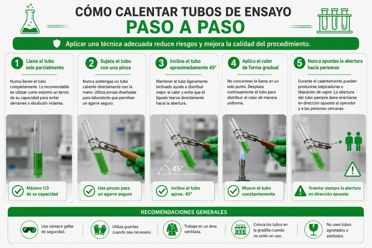 Infografía sobre cómo calentar tubos de ensayo paso a paso de forma segura en un laboratorio, mostrando la técnica correcta, el uso de pinzas, la inclinación del tubo y las principales medidas de seguridad.