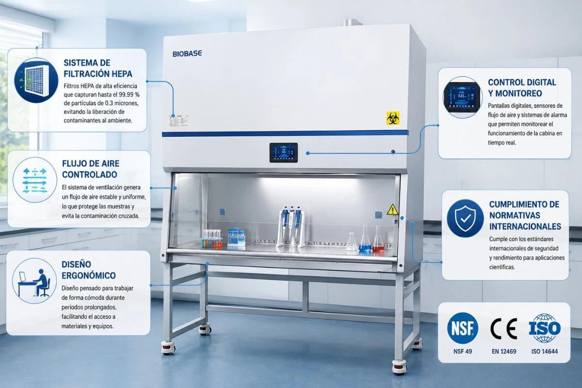 Infografía de las características de las cabinas de bioseguridad con sistema de filtración HEPA, flujo de aire controlado, diseño ergonómico, control digital y cumplimiento de normativas internacionales.