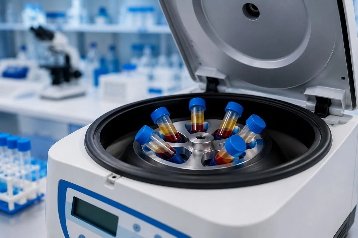 Centrífuga de laboratorio con tubos de muestras durante un proceso de centrifugación para la separación de componentes biológicos.