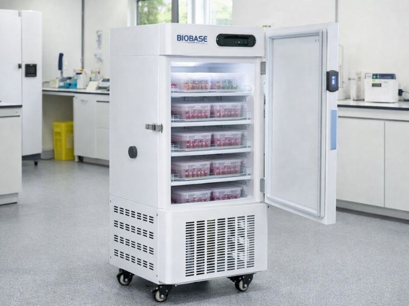 congelador vertical laboratorio en uso con muestras