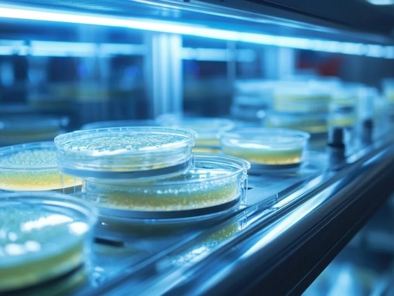 Primer plano de varias placas de Petri con medios de cultivo de agar dispuestas en los estantes de una incubadora de laboratorio con iluminación técnica azul.