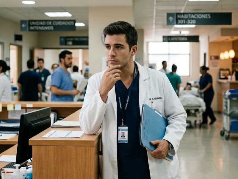Médico joven con bata blanca y carpeta azul mirando pensativamente hacia un lado en la recepción de un hospital