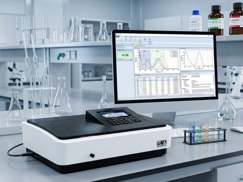 Espectrofotómetro UV-Vis Peak Instruments en un escritorio de laboratorio, conectado a un monitor que muestra gráficas de absorbancia y tablas de datos mediante un software especializado