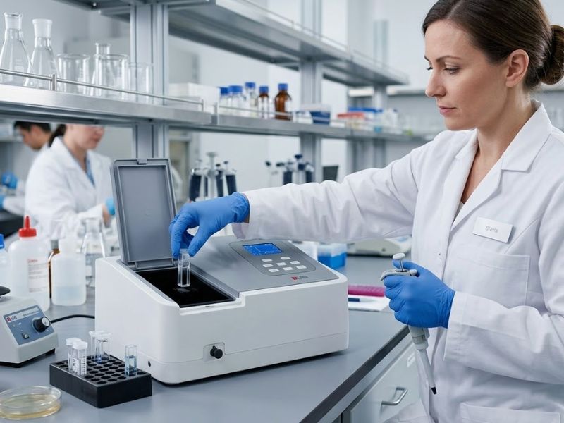 Profesional de la salud con bata blanca y guantes azules insertando una cubeta de cuarzo en un espectrofotómetro digital dentro de un laboratorio clínico moderno.
