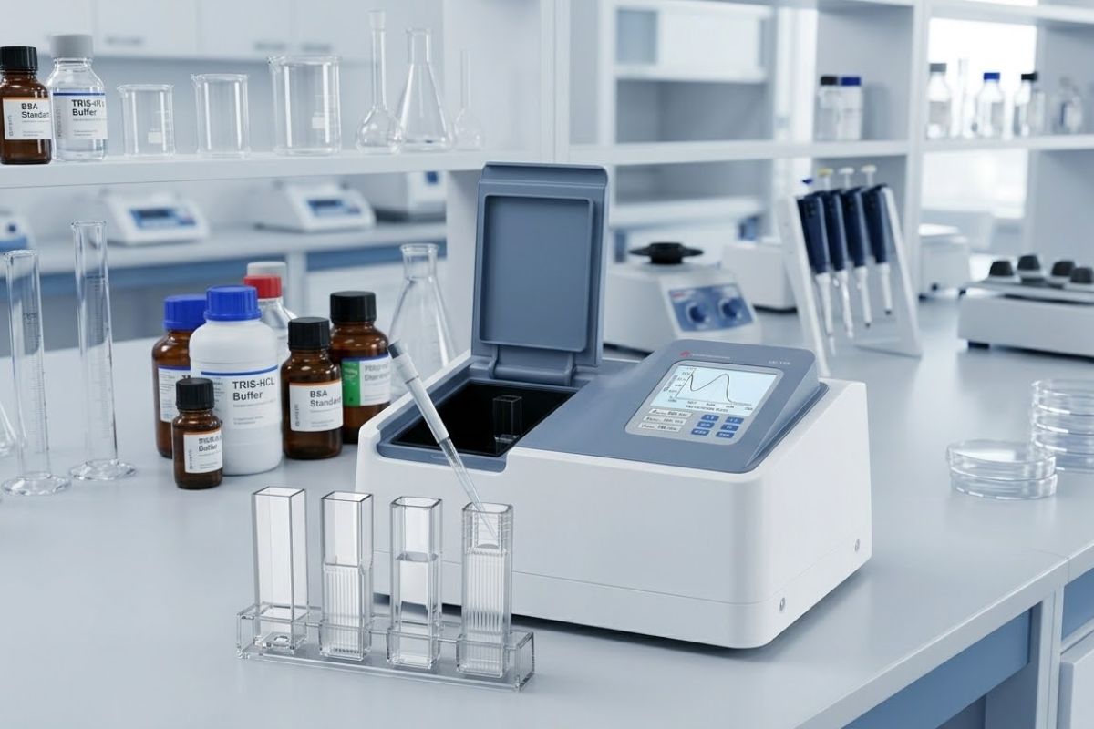 Vista detallada de un espectrofotómetro moderno operando con una micropipeta insertada, junto a una gradilla con cubetas de muestras líquidas y material de vidrio de laboratorio