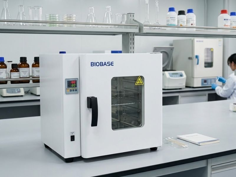 Horno de secado y esterilización Biobase instalado sobre una mesa de trabajo en un laboratorio clínico con material de vidrio al fondo.