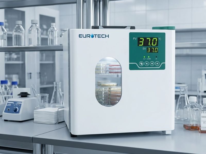 Incubadora digital de laboratorio con puerta cerrada y display encendido mostrando temperatura, con placas de Petri en el interior en un entorno limpio y profesional sin personas.