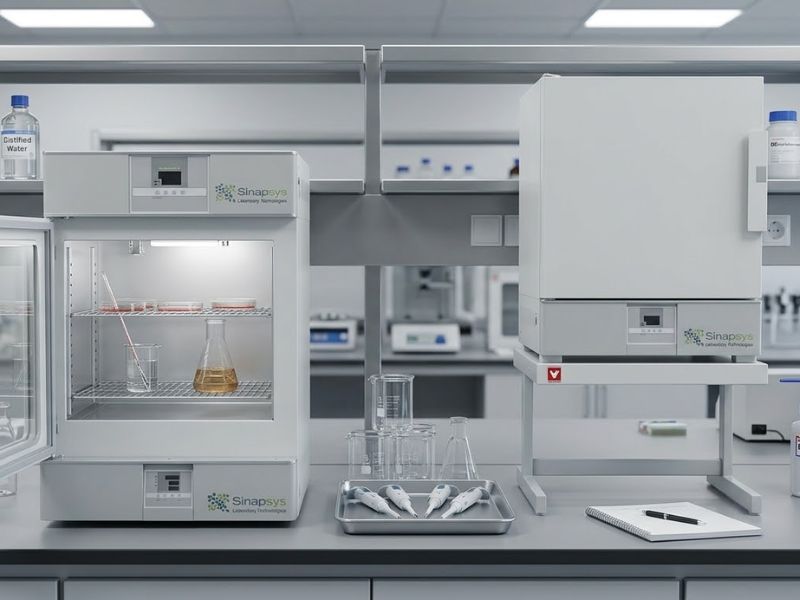 Comparación en laboratorio entre una incubadora y una estufa de laboratorio, ambas sobre mesa de trabajo, mostrando diferencias visuales de uso sin personas