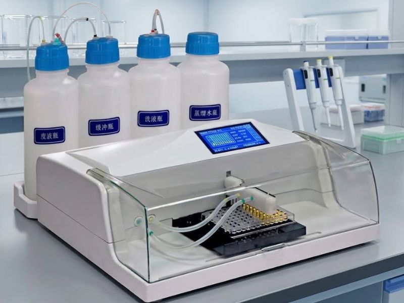 Lavador de microplacas ELISA en funcionamiento con sistema de dispensación de líquido sobre microplaca en laboratorio limpio sin personas