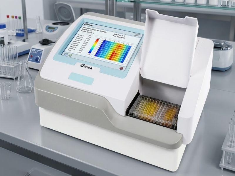 Lector de ELISA semiautomatizado con microplaca insertada y pantalla mostrando resultados de absorbancia en laboratorio clínico moderno sin personas.