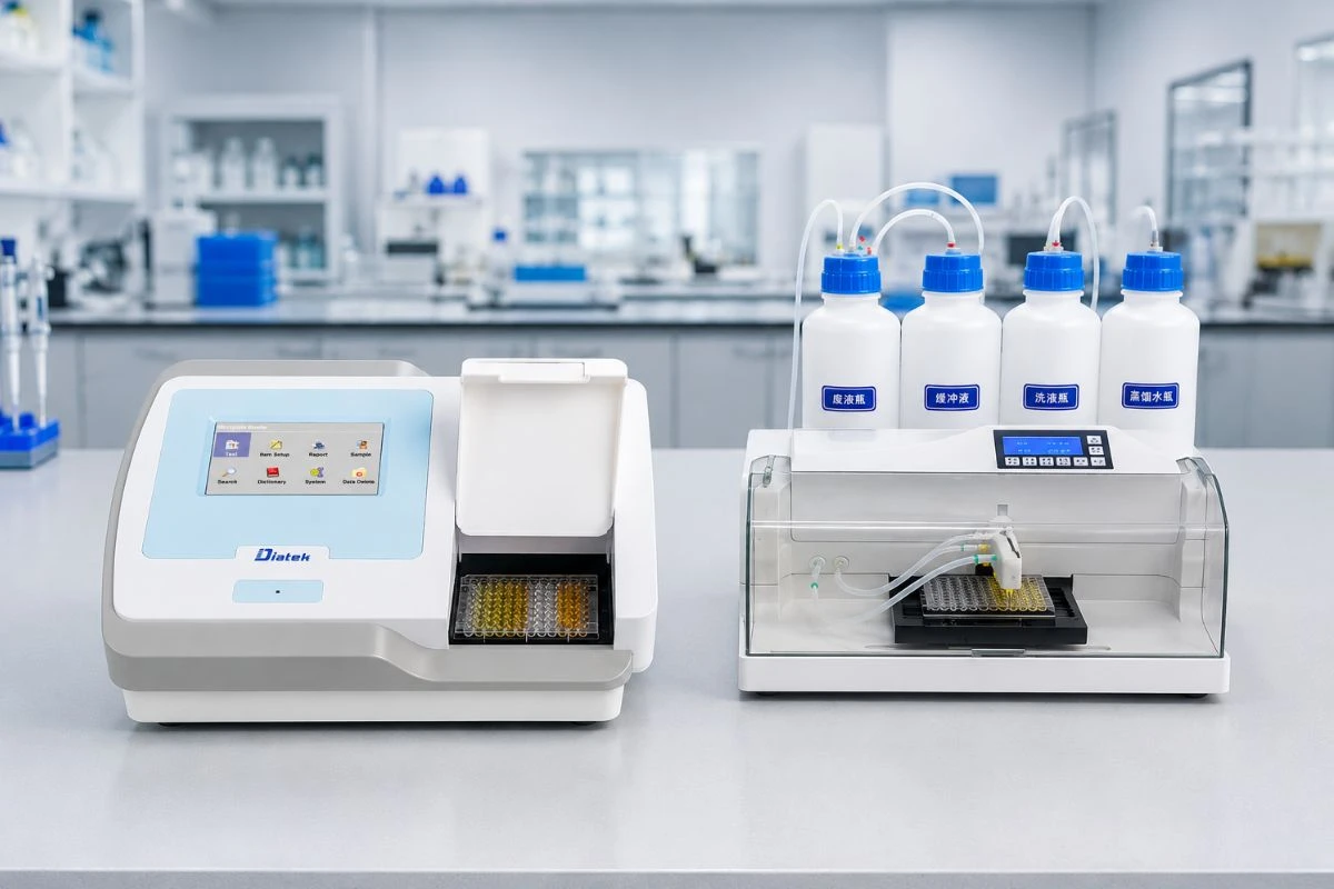 Lector y lavador de ELISA semiautomatizados para microplacas de 96 pocillos en laboratorio clínico listos para procesar ensayos ELISA.