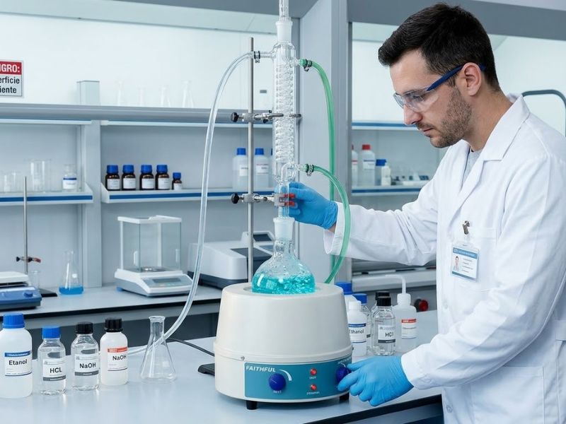 Proceso de calentamiento con manta calefactora y matraz en laboratorio profesional, mostrando equipo en funcionamiento usado por un tecnólogo medico