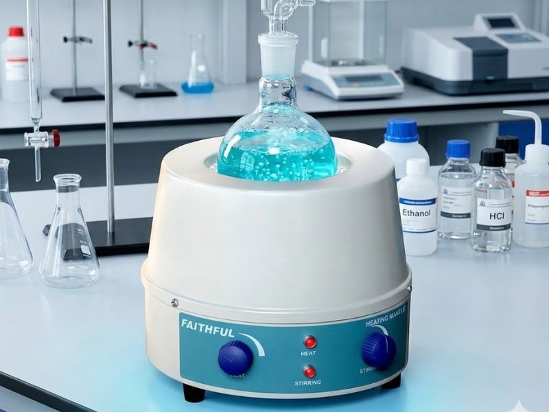 Matraz de fondo redondo colocado sobre manta calefactora mostrando calentamiento uniforme en laboratorio sin personas.
