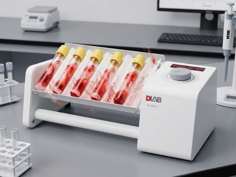 Proceso de mezcla de líquidos en laboratorio utilizando equipo especializado, mostrando homogeneización controlada sin personas.
