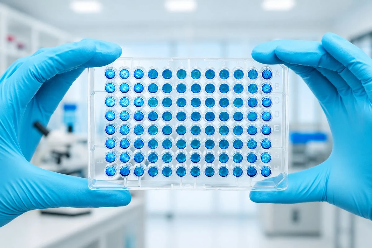 Microplaca de prueba ELISA de 96 pocillos sostenida por un profesional con guantes en un laboratorio clínico moderno.