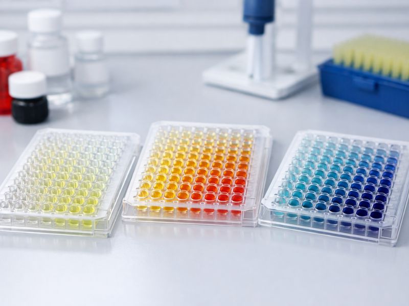 Microplacas ELISA con diferentes intensidades de color listas para análisis, mostrando variación de resultados en laboratorio profesional sin personas.