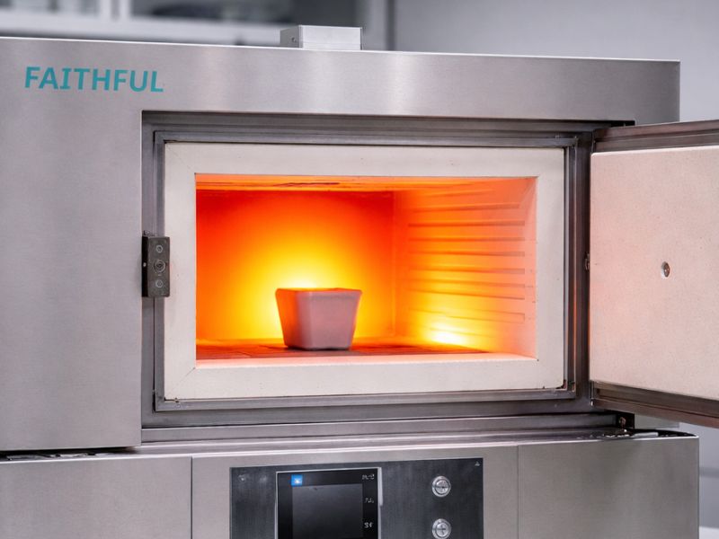mufla de laboratorio abierta mostrando camara interna con calor para procesos termicos controlados