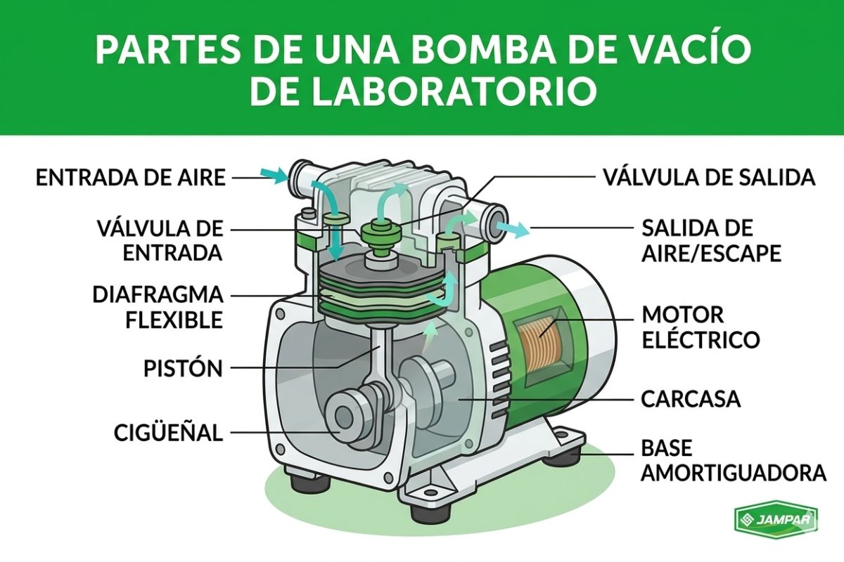 Diagrama detallado de las partes internas de una bomba de vacío de laboratorio con etiquetas en español