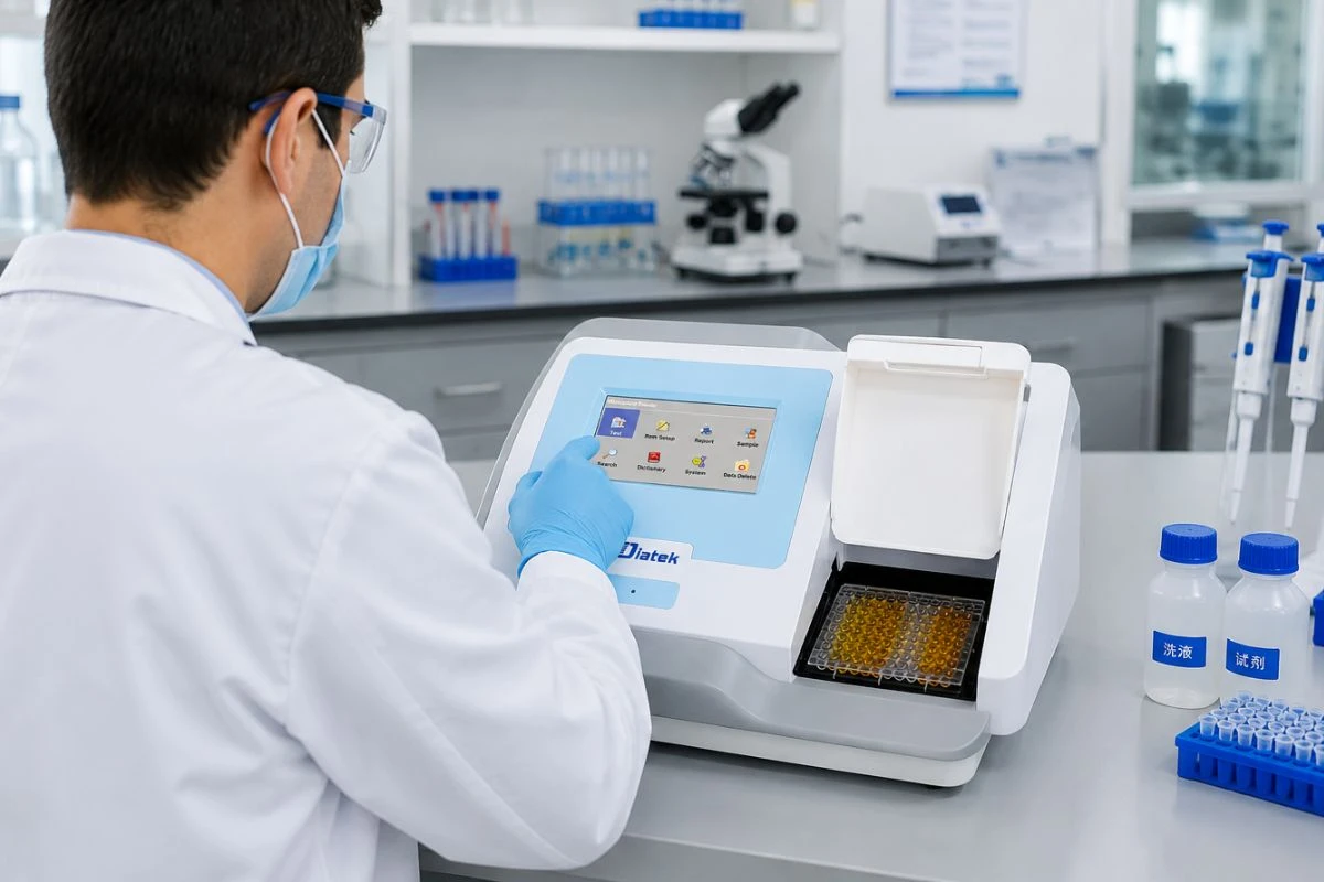 Profesional operando un lector de ELISA semiautomatizado para microplacas de 96 pocillos en un laboratorio clínico durante el procesamiento de pruebas ELISA.