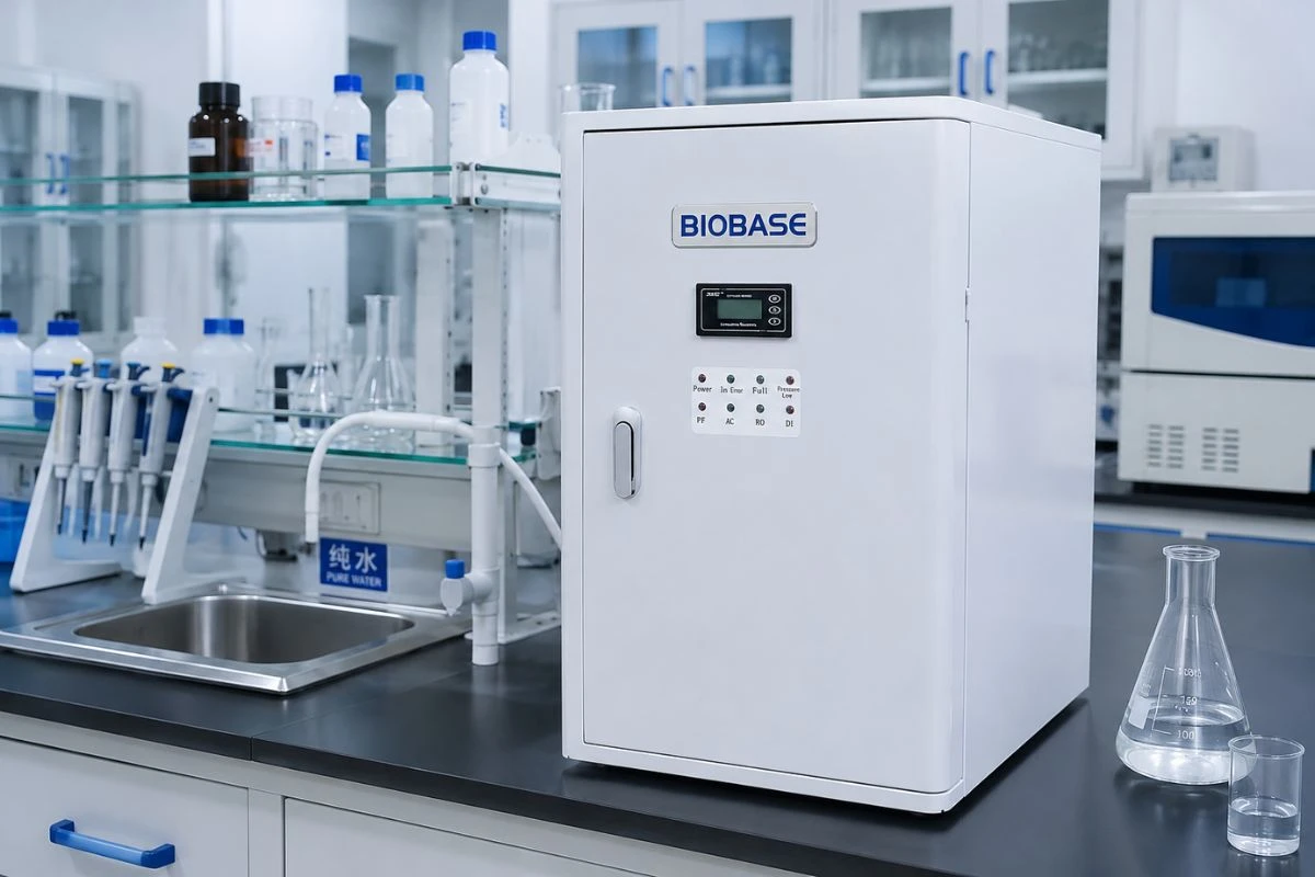 Purificador de agua desionizada BIOBASE instalado en un laboratorio para producir agua de alta pureza mediante ósmosis inversa y desionización