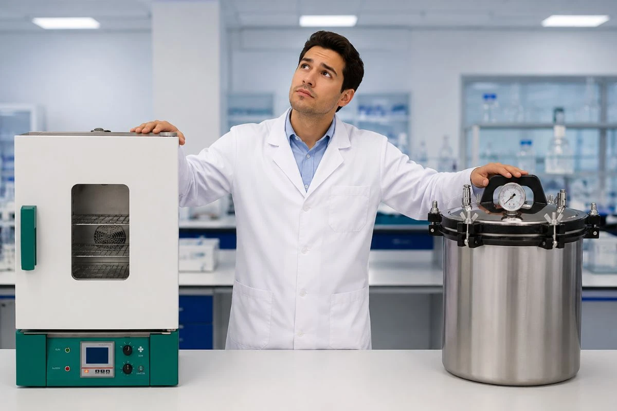 Qué es un esterilizador: profesional comparando un esterilizador de calor seco y un autoclave de laboratorio para elegir el equipo adecuado.