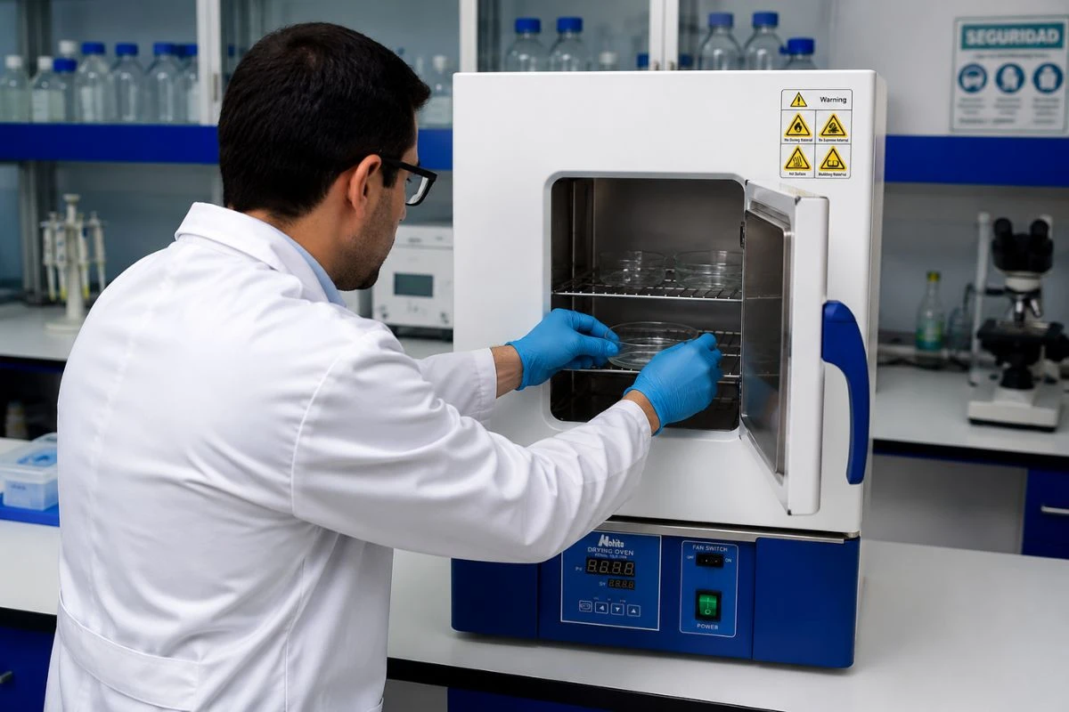Qué es un esterilizador: profesional colocando material de laboratorio dentro de un esterilizador de calor seco.