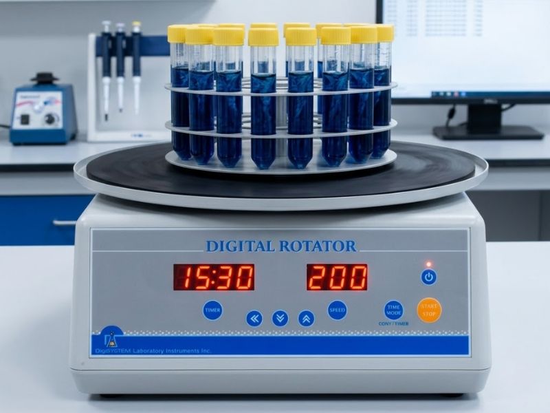 Rotador serológico en funcionamiento con tubos de ensayo realizando mezcla uniforme en laboratorio sin personas.