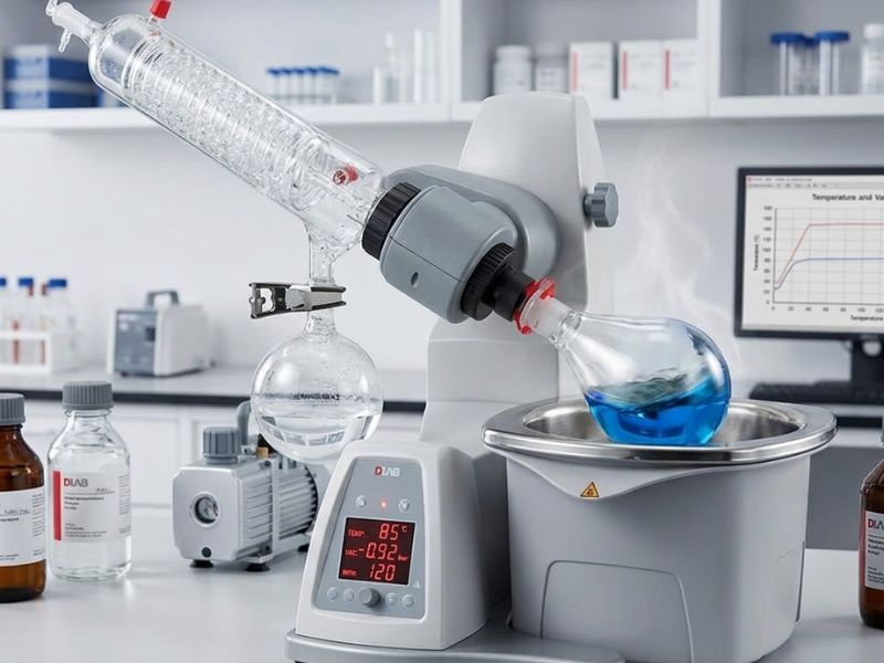Rotavapor en laboratorio mostrando proceso de evaporación controlada con matraz en rotación sin personas.