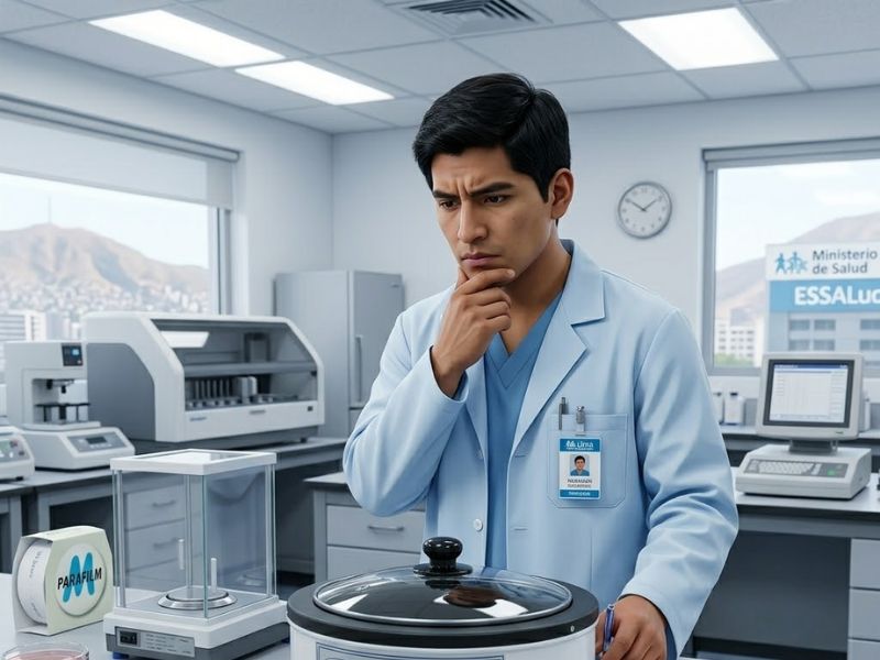 Un joven tecnólogo médico peruano, con rasgos andino-mestizos, parado con la mano en la barbilla y expresión pensativa e indecisa frente a un baño maría de flotación de tejidos XH-1001 en un laboratorio clínico en Lima