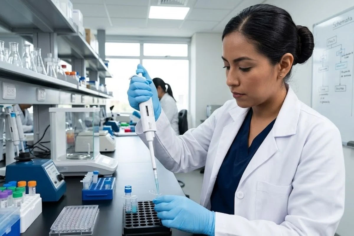 Tecnóloga médica con bata blanca y guantes azules utilizando una micropipeta automática de volumen variable para pipetear muestras en un laboratorio clínico.