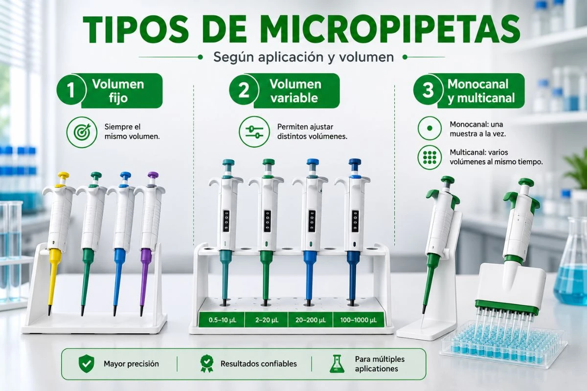 Tipos de micropipeta de laboratorio: volumen fijo, volumen variable, monocanal y multicanal